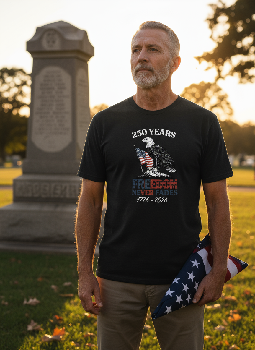 250 Years Freedom Never Fades T-Shirt – Patriotic American Eagle 1776-2026 Tee