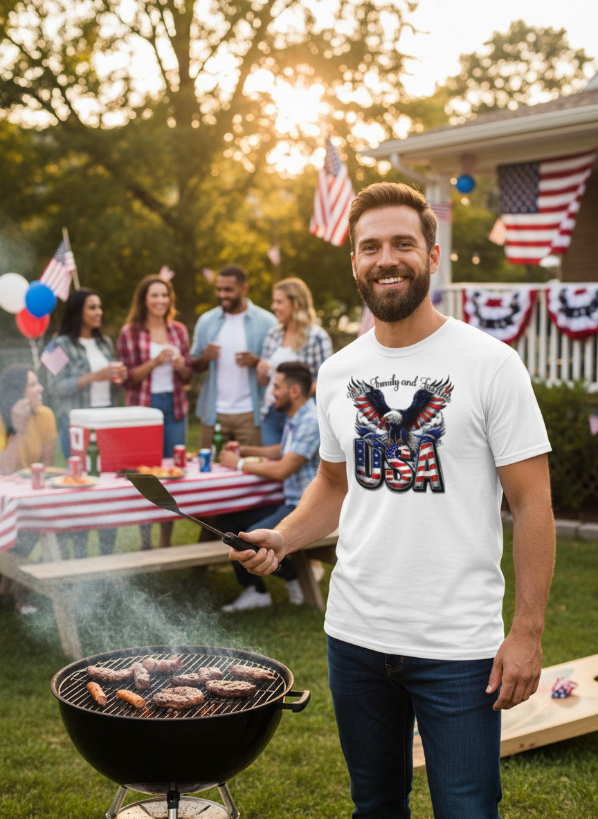 Patriotic USA Eagle T-Shirt – American Flag Wings & “Family and Freedom” Design