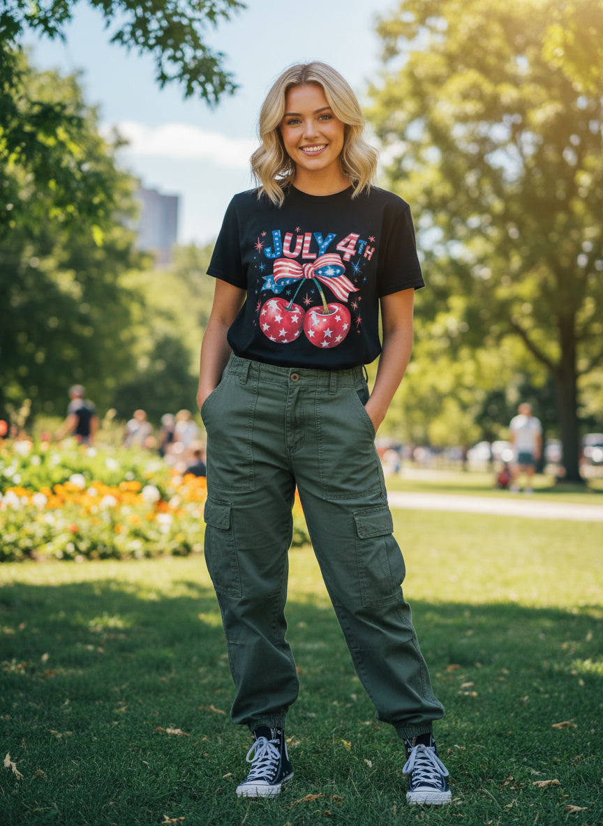 July 4th T-Shirt – Patriotic Cherries & Stars Tee with Red, White, and Blue Bow Design