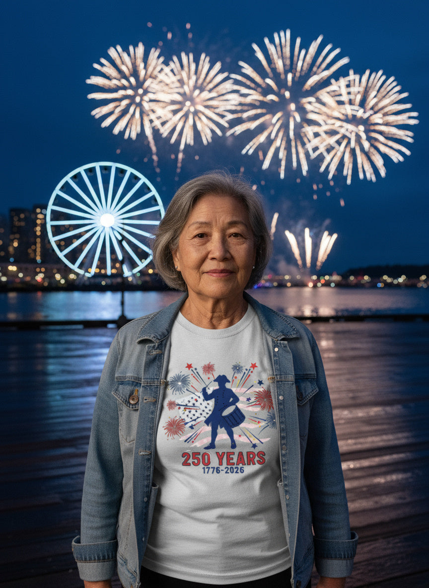 250 Years of Freedom T-Shirt – Patriotic Drummer Fireworks Design | America 1776-2026 Anniversary Tee