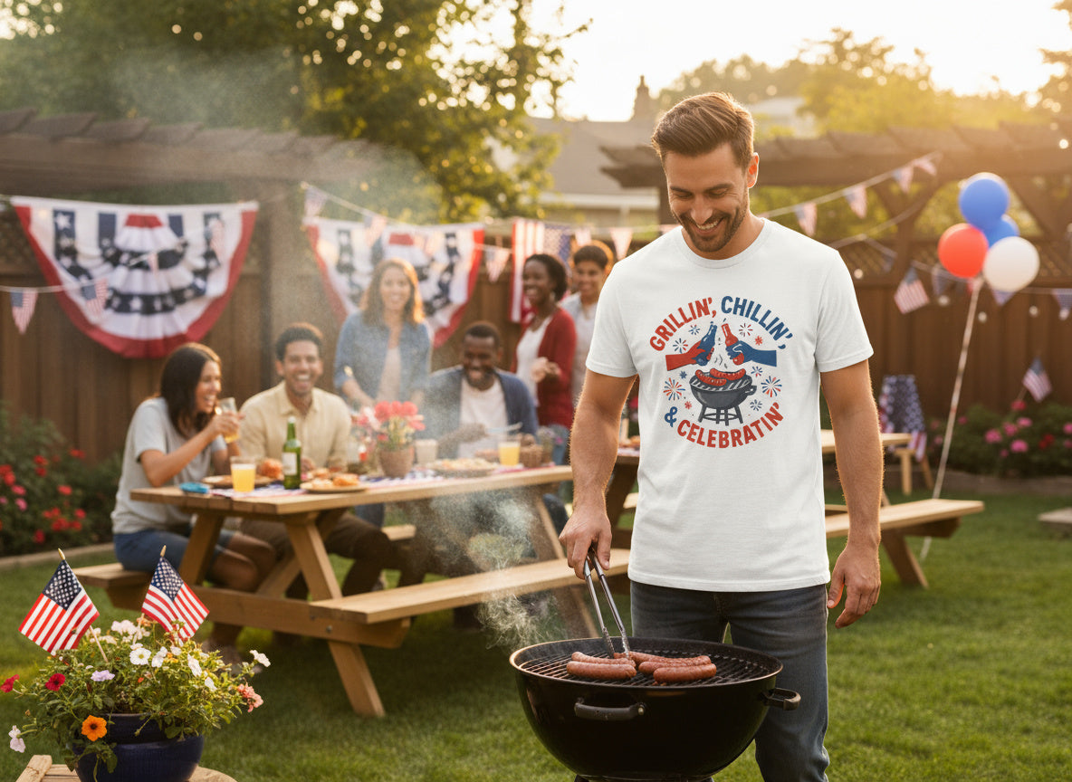 Grillin’ Chillin’ & Celebratin’ T-Shirt – Funny 4th of July BBQ Tee for Men & Women | Patriotic Cookout Shirt