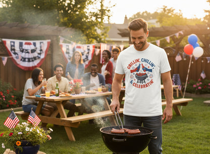 Grillin’ Chillin’ & Celebratin’ T-Shirt – Funny 4th of July BBQ Tee for Men & Women | Patriotic Cookout Shirt
