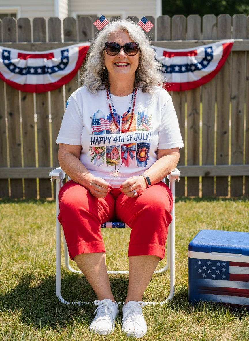 Happy 4th of July T-Shirt – Patriotic Fireworks, Farmhouse & American Flag Design