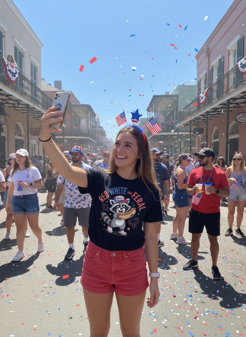 Red, White and Feral T-Shirt – Funny Patriotic Raccoon USA 4th of July Tee