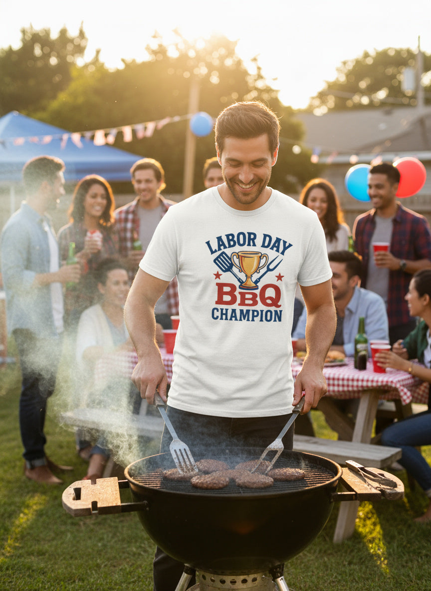 Labor Day BBQ Champion T-Shirt | Funny Grill Master Tee with Trophy & Utensils