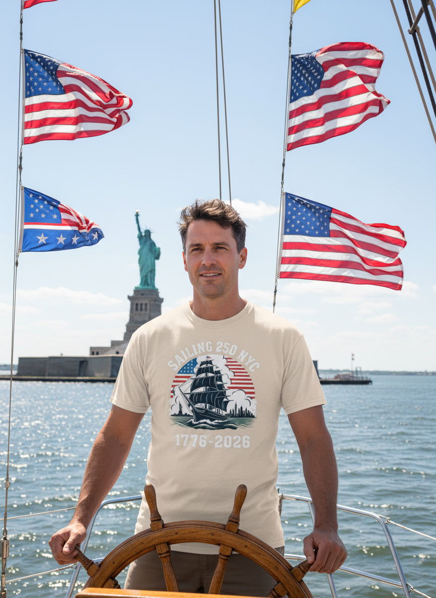 Sailing 250 NYC T-Shirt | Patriotic Sailboat Tee – 1776–2026 USA Semiquincentennial Celebration Shirt
