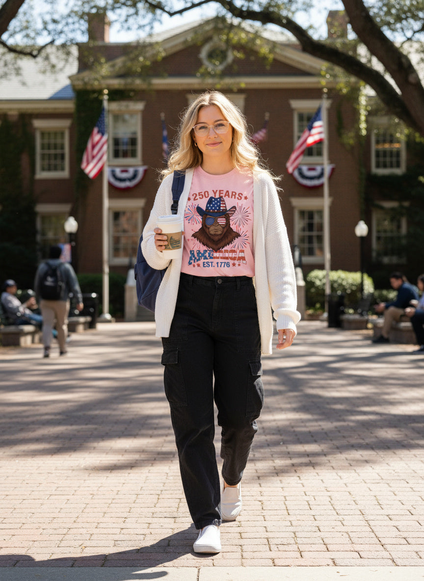 250 Years of America T-Shirt | Bigfoot Patriotic USA Flag Tee – July 4th 2026 Semiquincentennial Shirt