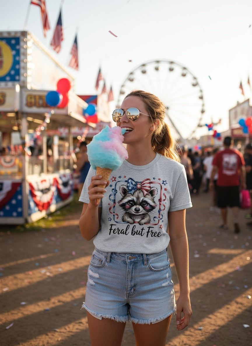 Feral but Free T-Shirt – Cute Patriotic Raccoon with American Flag Bow