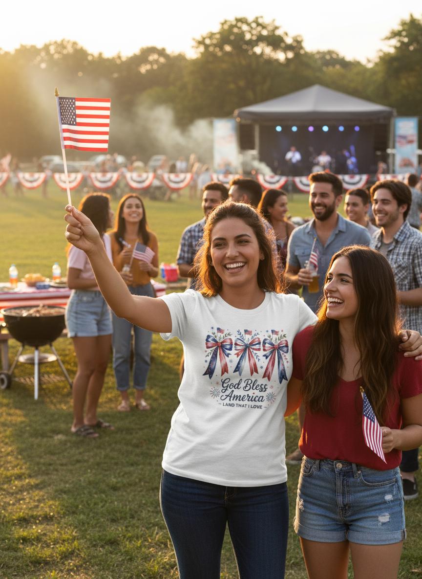 God Bless America T-Shirt – Patriotic Faith Tee with Stars, Ribbons & Fireworks Design