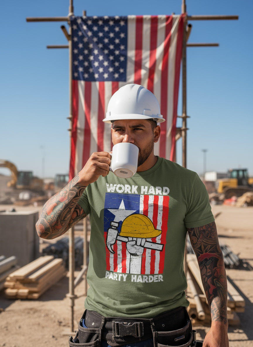 Work Hard Party Harder T-Shirt | Patriotic USA Flag Tee for Labor Day – Construction Worker Pride Shirt