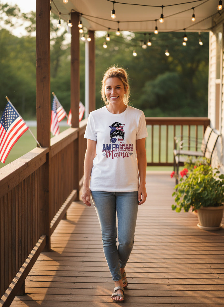American Mama T-Shirt – Patriotic USA Flag Sunglasses & Bandana Tee for Proud Moms