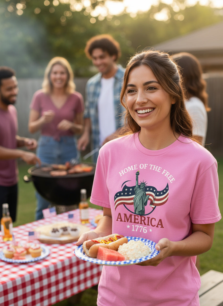Home of the Free America 1776 Pink T‑Shirt – Patriotic Statue of Liberty Tee