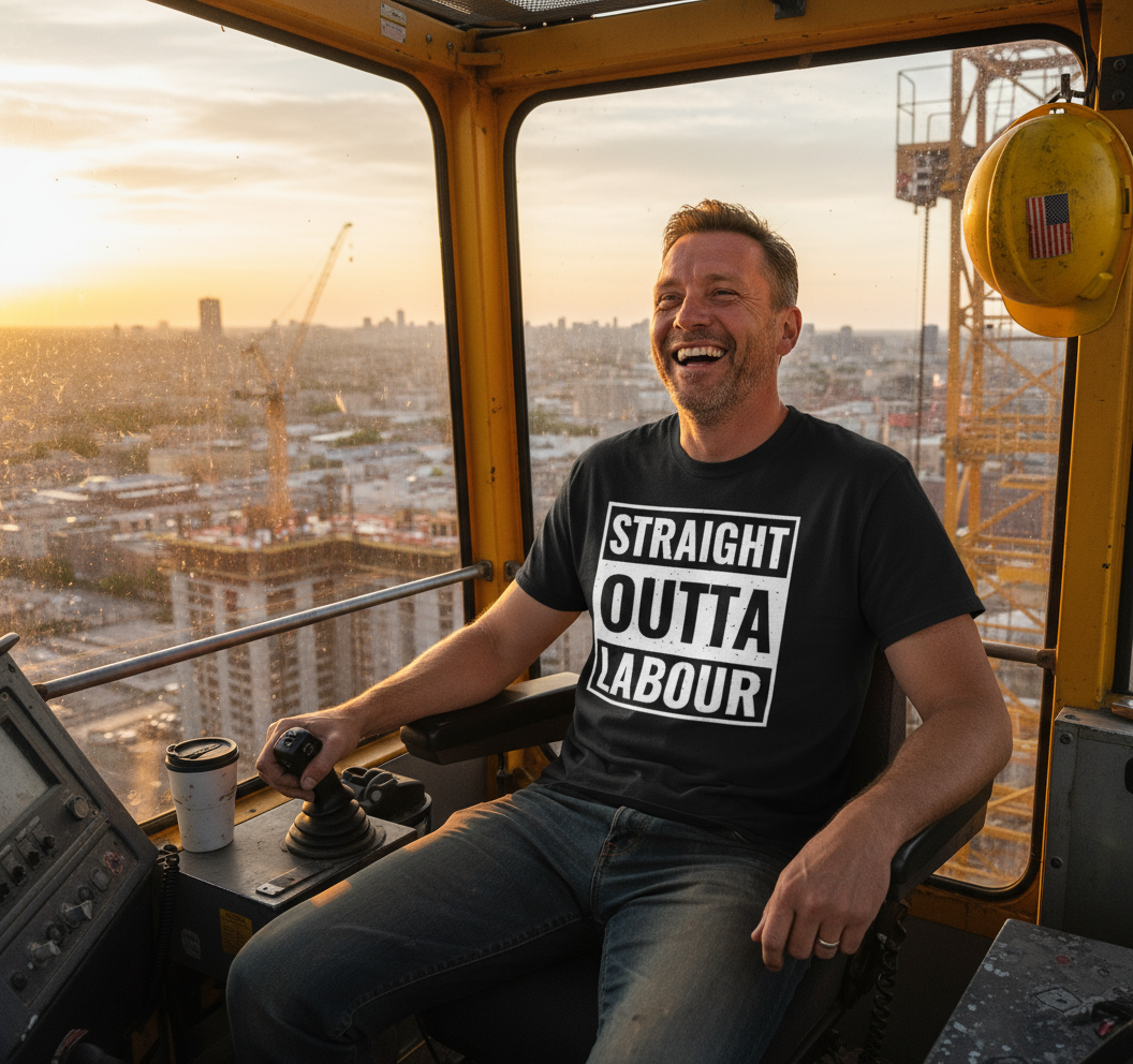 Man sitting in a crane operator's seat with a cityscape view, wearing a 'Straight Outta Labour' t-shirt.