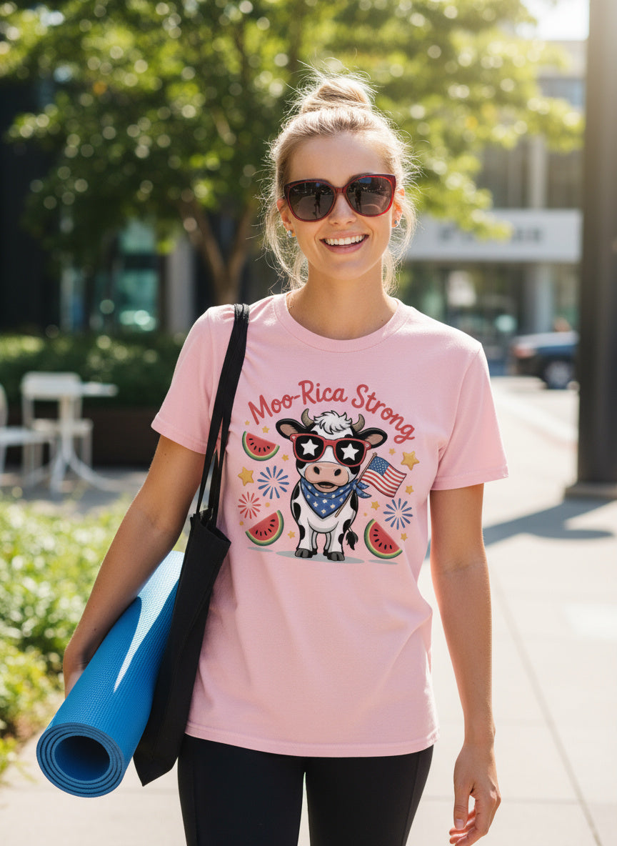 Moo-Rica Strong T-Shirt – Cute Patriotic Cow 4th of July Tee for Teens