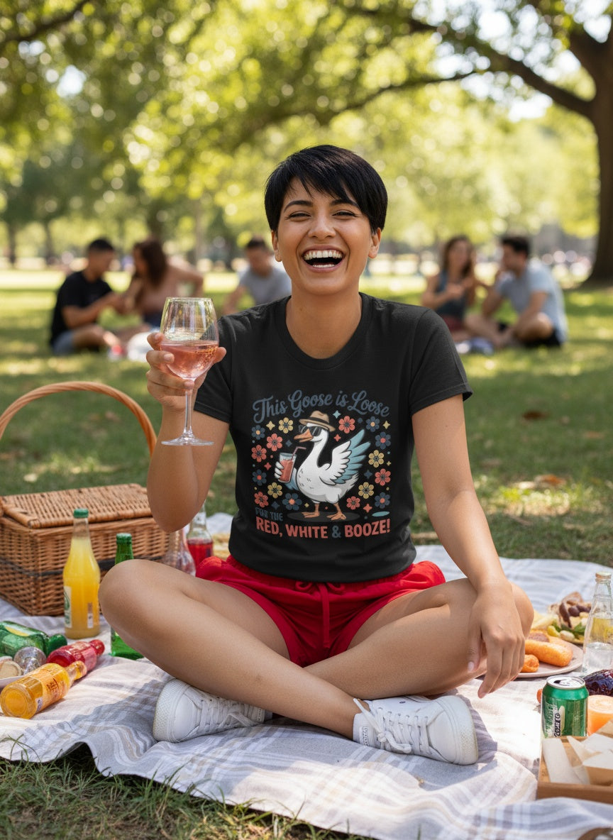 Funny Patriotic “This Goose Is Loose” T-Shirt – Red, White & Booze Party Tee