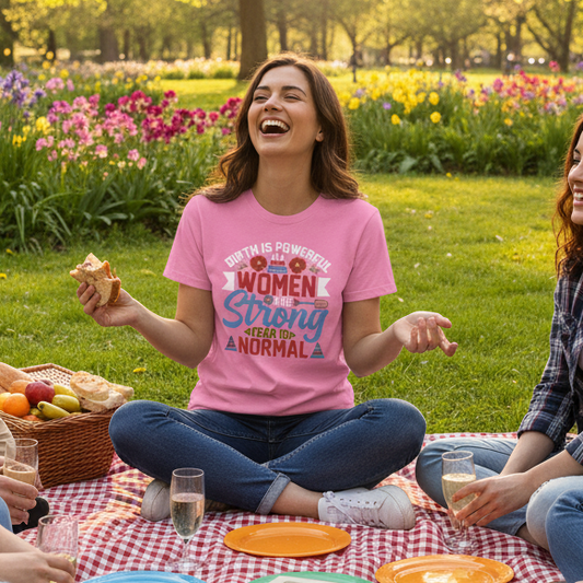 Group of people having a picnic in a park with flowers and trees in the background.