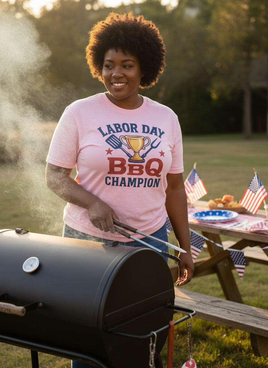 Labor Day BBQ Champion T-Shirt | Funny Grill Master Tee with Trophy & Utensils
