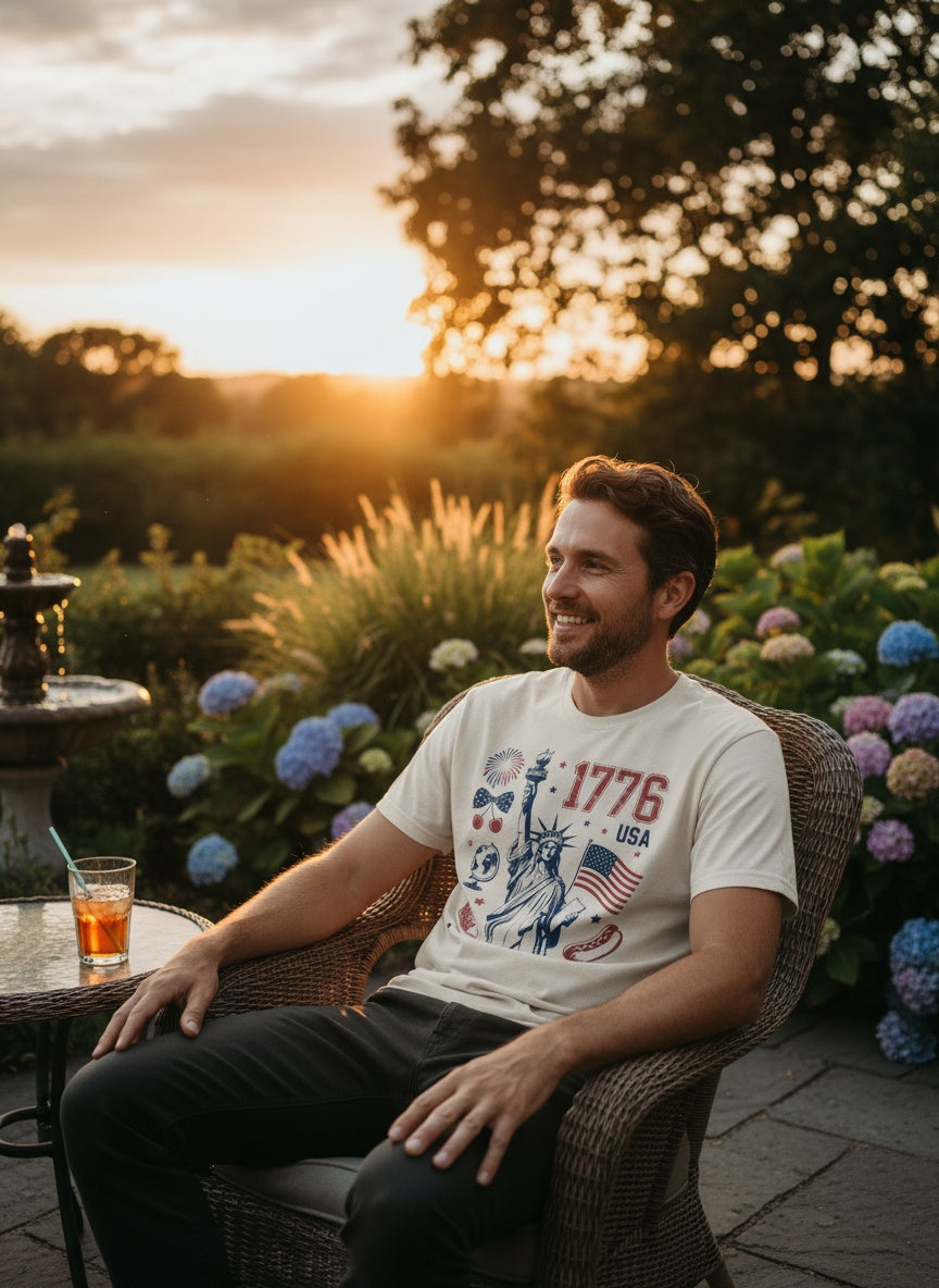 1776 USA T-Shirt – Statue of Liberty Patriotic Design with Fireworks & American Icons