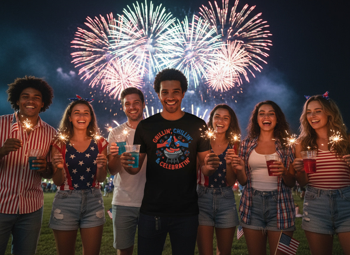 Grillin’ Chillin’ & Celebratin’ T-Shirt – Funny 4th of July BBQ Tee for Men & Women | Patriotic Cookout Shirt