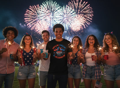 Grillin’ Chillin’ & Celebratin’ T-Shirt – Funny 4th of July BBQ Tee for Men & Women | Patriotic Cookout Shirt