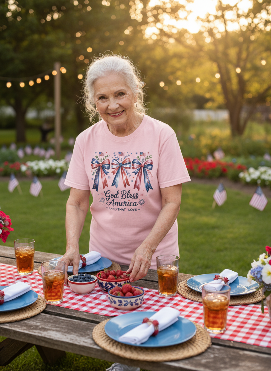 God Bless America T-Shirt – Patriotic Faith Tee with Stars, Ribbons & Fireworks Design