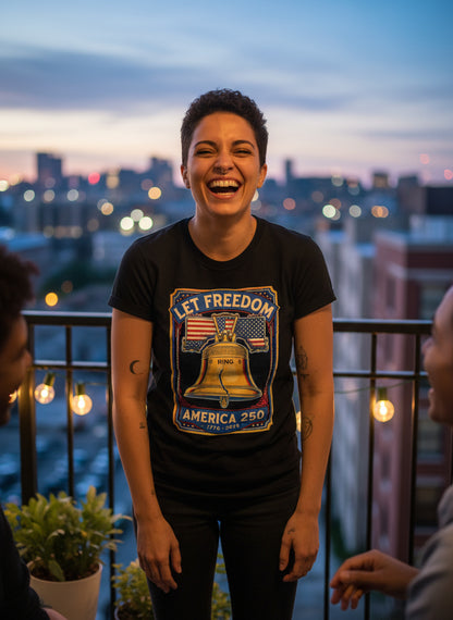 Person wearing a black t-shirt with a graphic design on a balcony at dusk.