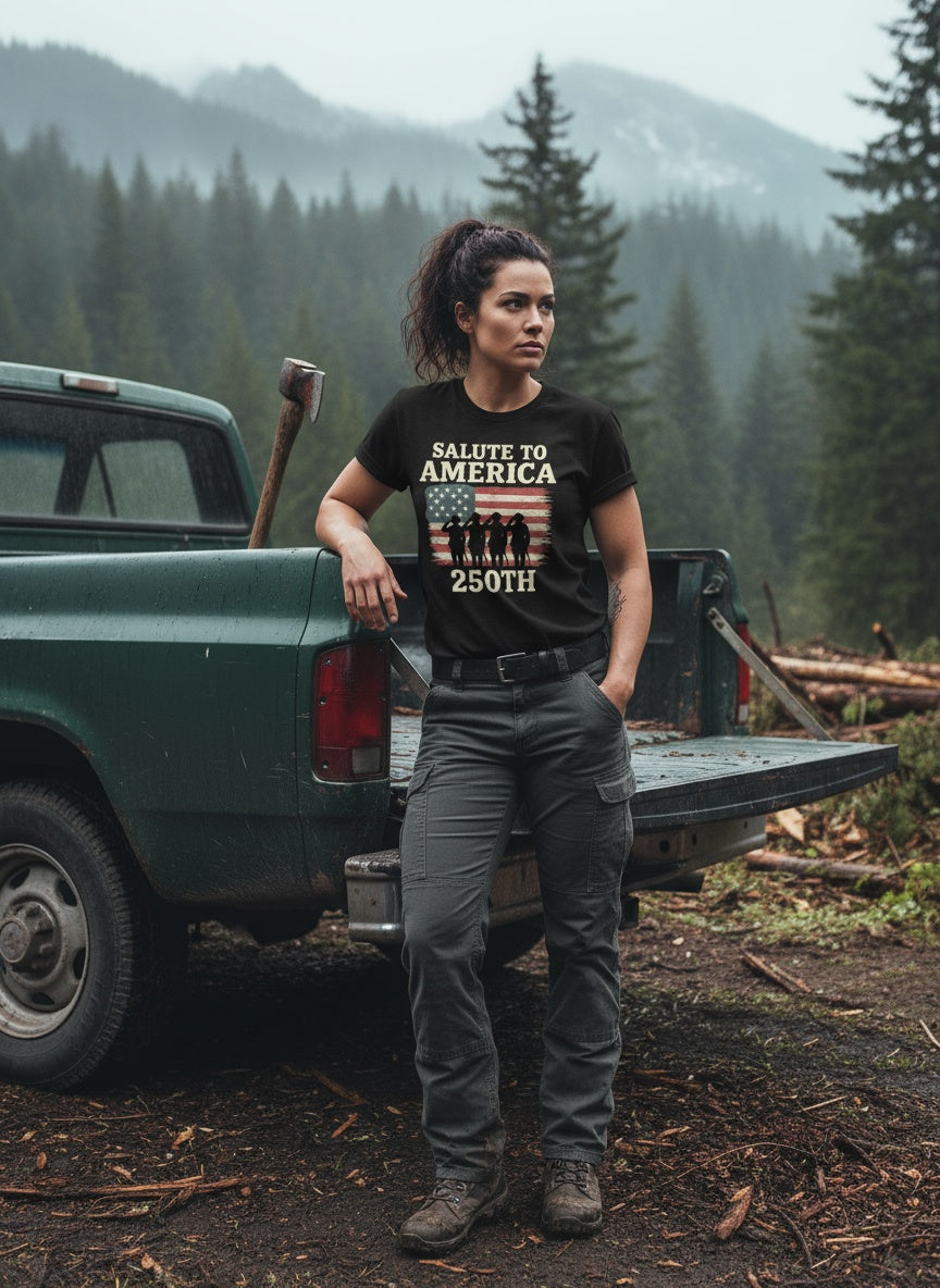 Salute to America T-Shirt | 250th Anniversary Patriotic Women’s Tee – Strong Female Veteran USA Flag Shirt