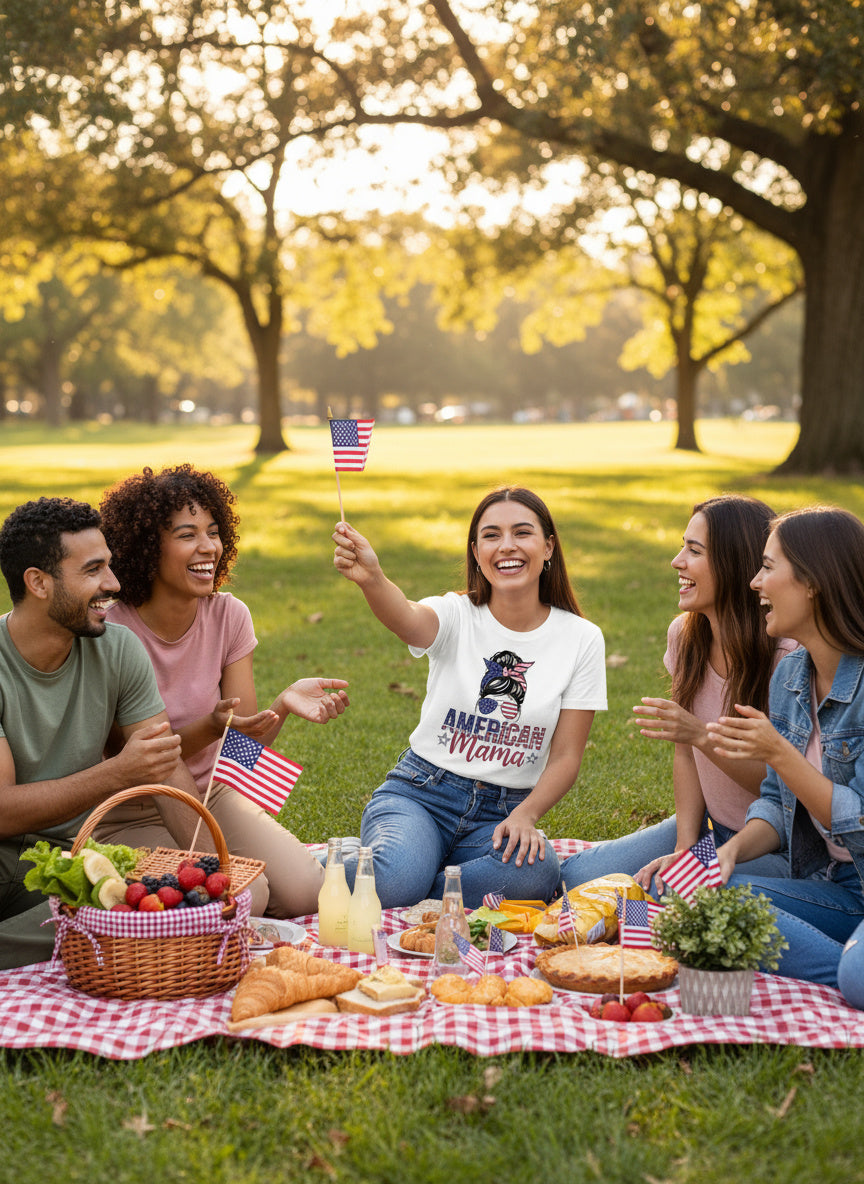 American Mama T-Shirt – Patriotic USA Flag Sunglasses & Bandana Tee for Proud Moms