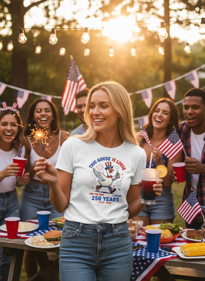 Funny Patriotic “This Goose Is Loose” T-Shirt – 250 Years Red, White & Booze USA Tee