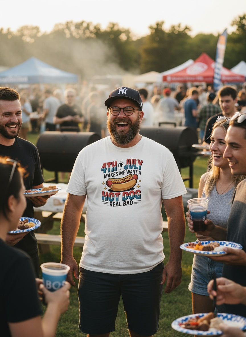 Funny 4th of July T-Shirt – “Makes Me Want a Hot Dog Real Bad” Patriotic BBQ Tee