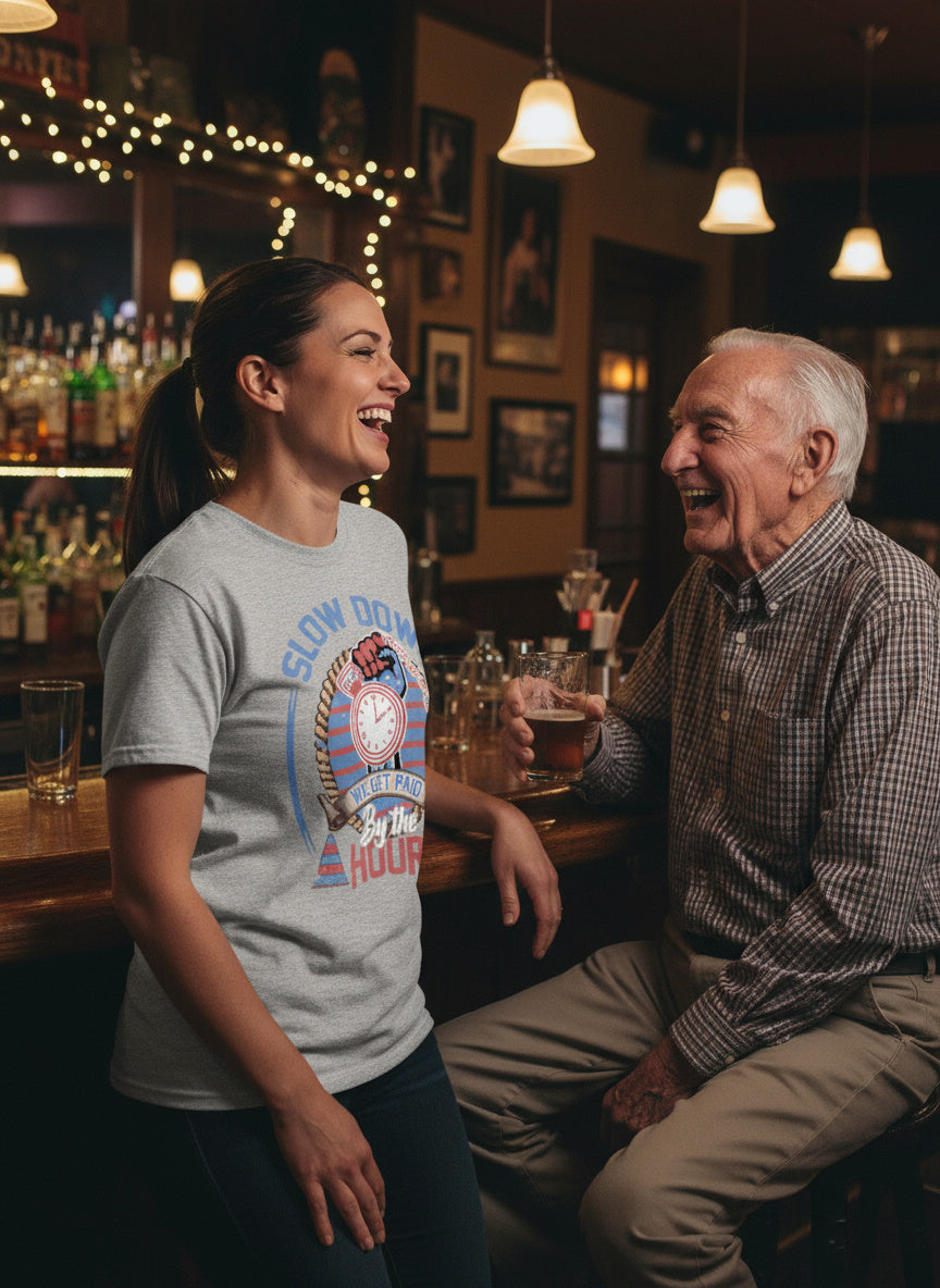 Slow Down, We Get Paid By the Hour T-Shirt - Humorous Graphic Tee