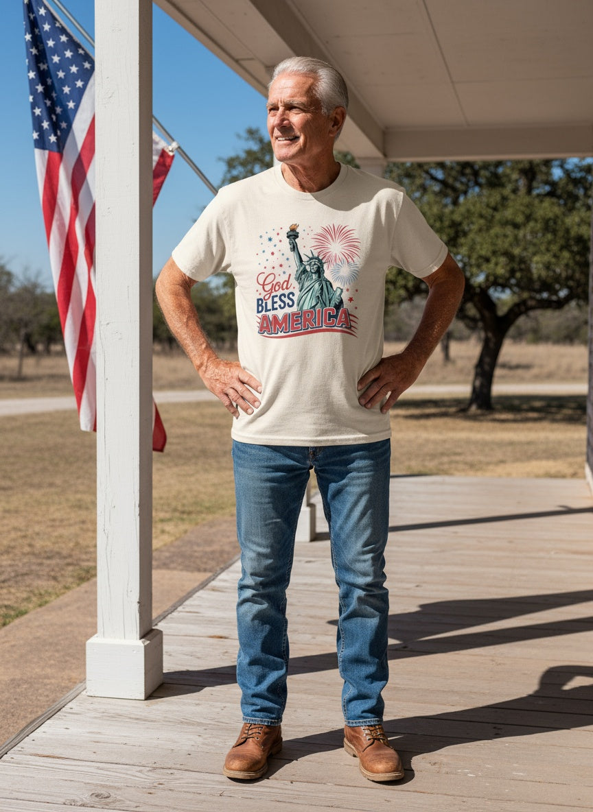 God Bless America T-Shirt – Statue of Liberty & Fireworks Patriotic Design