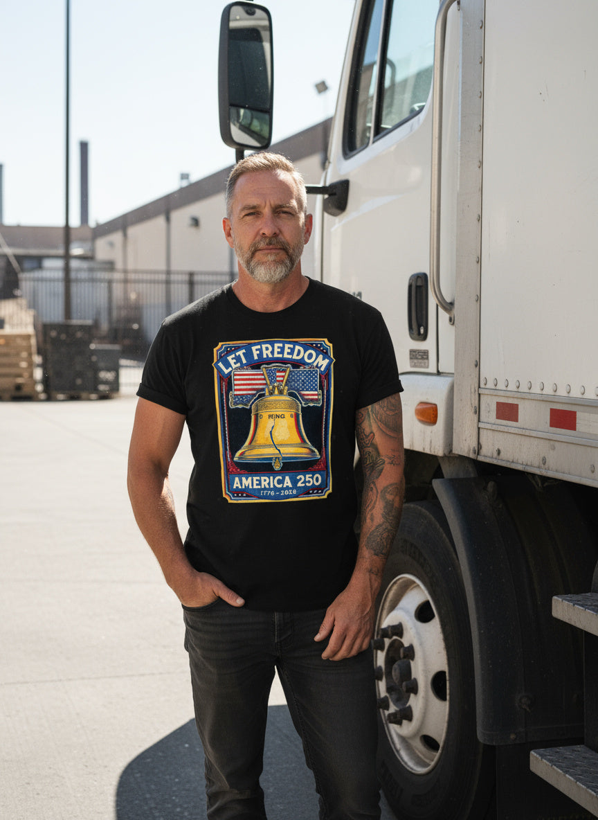 Man wearing a black t-shirt with a graphic design standing next to a truck.