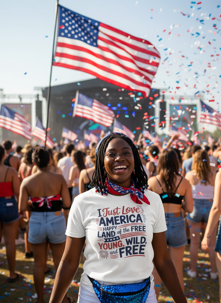 I Just Love America T-Shirt – Young, Wild & Free Patriotic 4th of July Tee