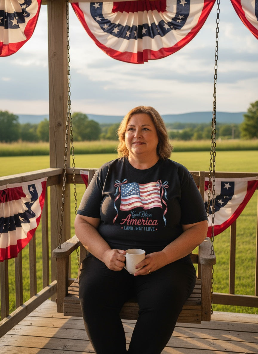 God Bless America T-Shirt – Patriotic Flag & Ribbon “Land That I Love” Design