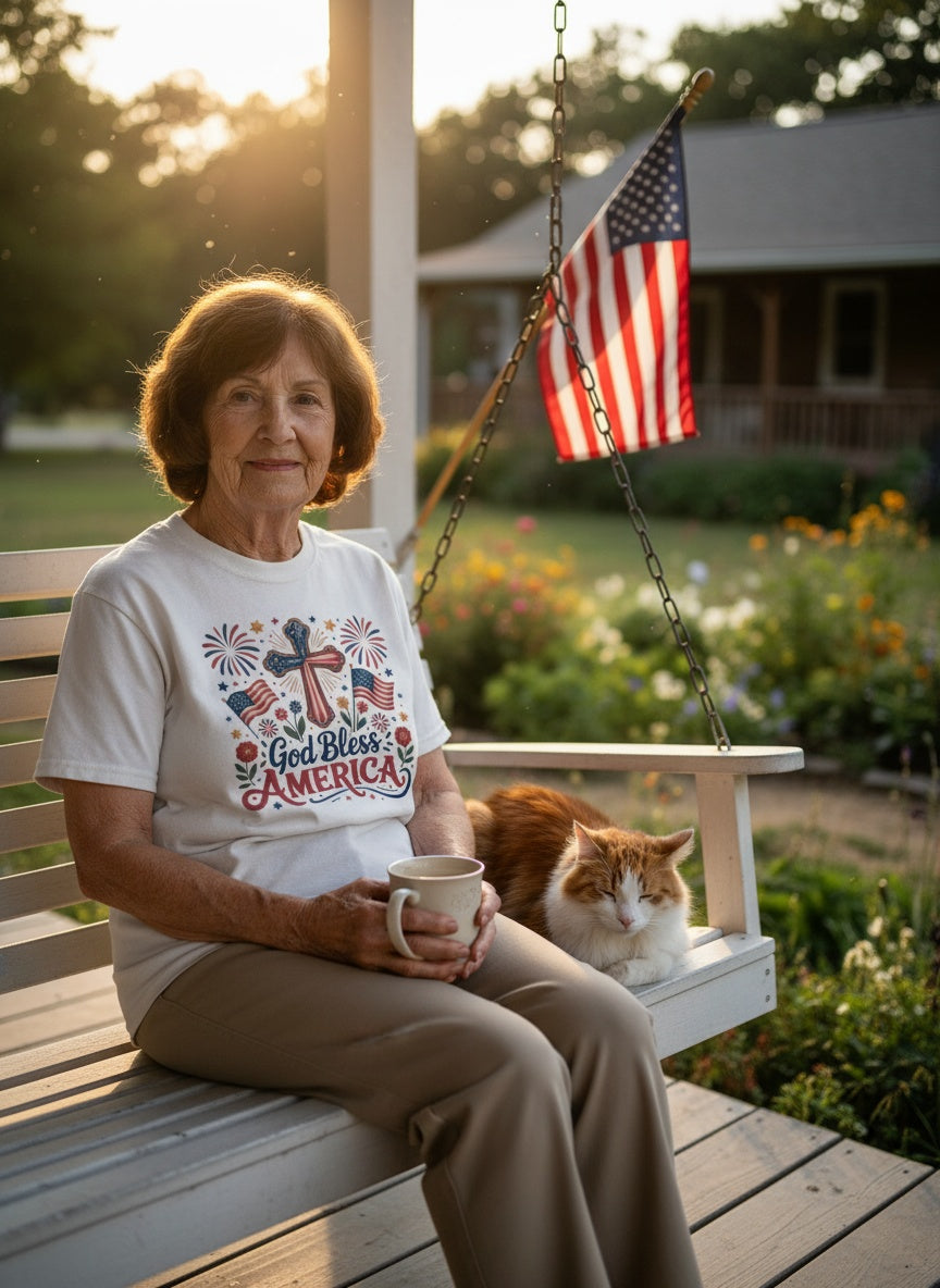 God Bless America T-Shirt – Patriotic Cross & Fireworks Faith-Inspired Design