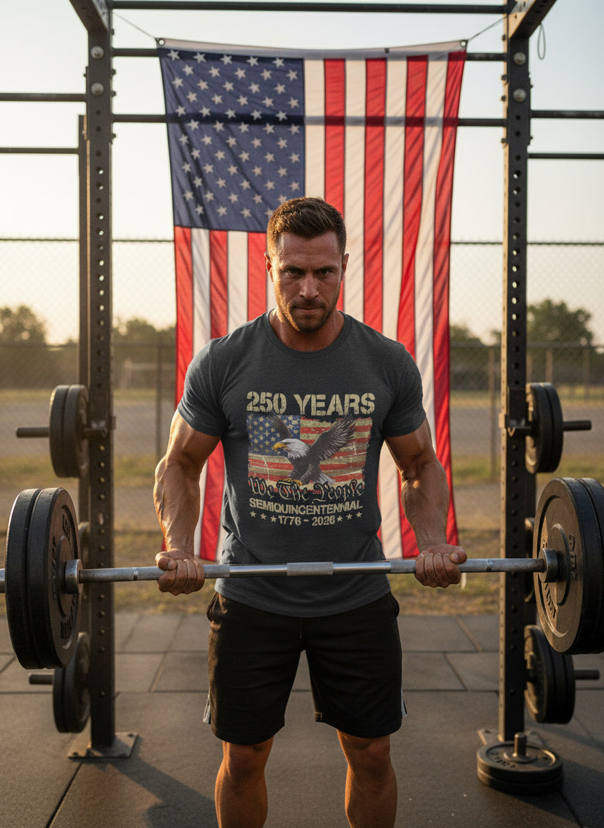 Man lifting weights in a gym with an American flag in the background