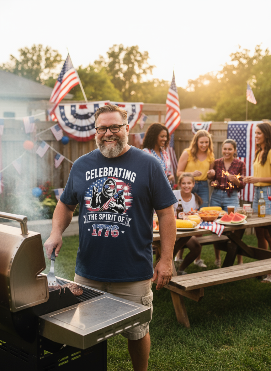 Celebrating the Spirit of 1776 T-Shirt – Funny Patriotic Bigfoot Tee for 4th of July