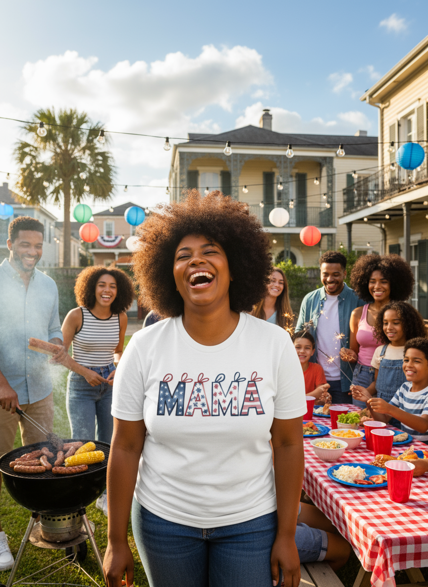 Patriotic MAMÁ T-Shirt – USA Flag Stars & Stripes Tee for Proud American Moms