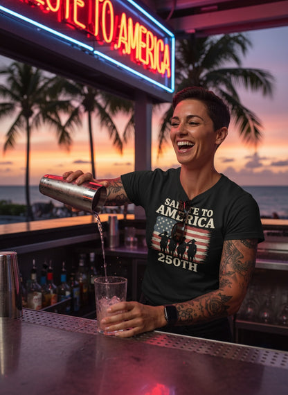 Salute to America T-Shirt | 250th Anniversary Patriotic Women’s Tee – Strong Female Veteran USA Flag Shirt