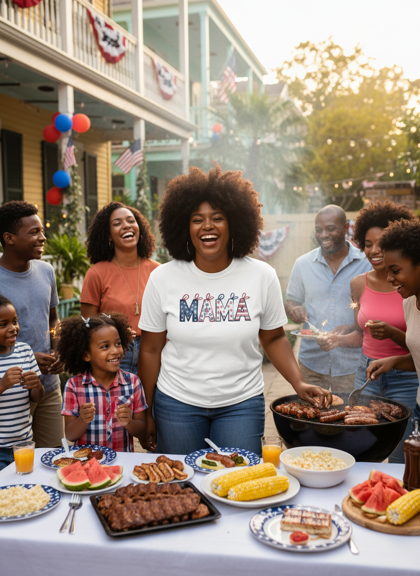 Patriotic MAMÁ T-Shirt – USA Flag Stars & Stripes Tee for Proud American Moms