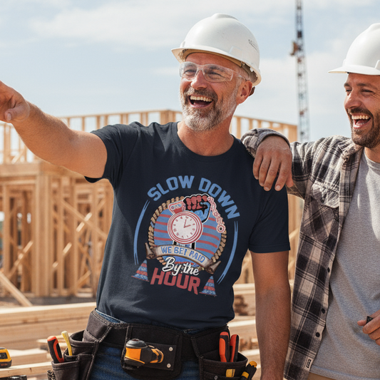 Two men in hard hats at a construction site, one pointing and smiling.