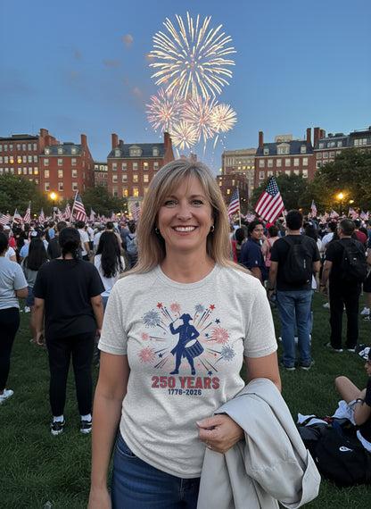 250 Years of Freedom T-Shirt – Patriotic Drummer Fireworks Design | America 1776-2026 Anniversary Tee