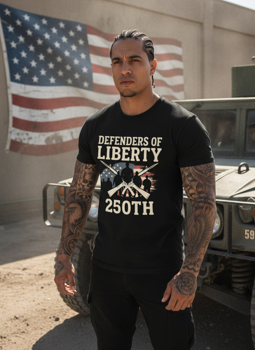 Defenders of Liberty T-Shirt | 250th Anniversary Patriotic Military Tee – USA Veteran & Freedom Shirt