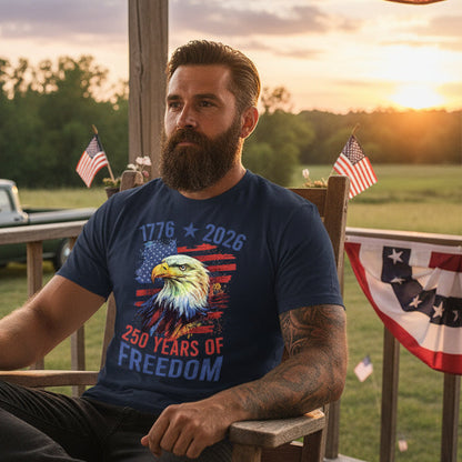 Man sitting on a wooden chair outdoors with American flags and a sunset in the background