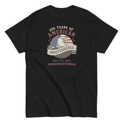 Black t-shirt with American Independence Day design featuring an eagle and flag on a white background